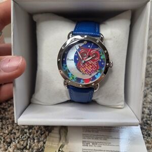Bertha Cecelia BR3005 Blue Leather Owl Moon Dial Silver Tone Ladies Watch